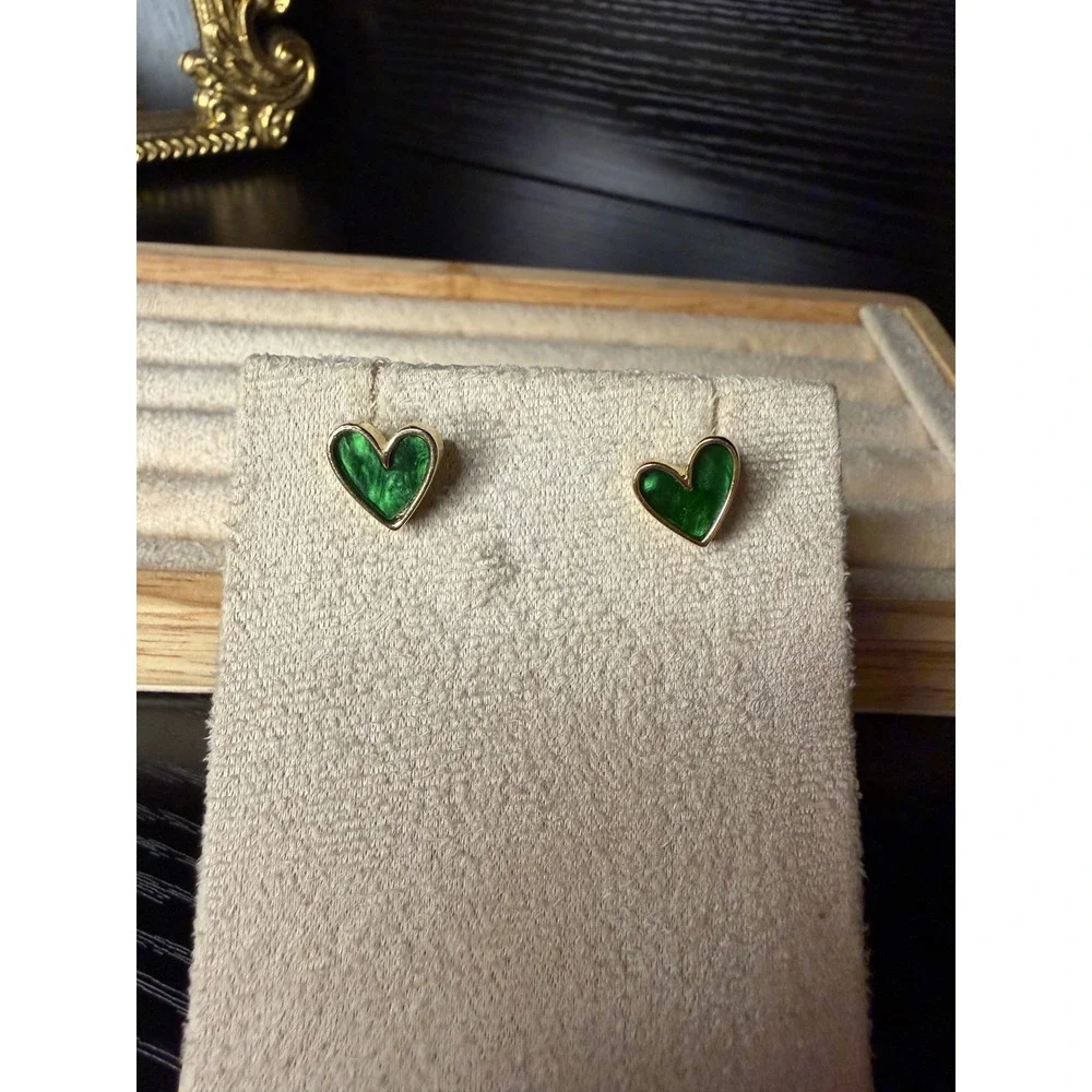 Green Enamel Heart Stud Earrings S925 Sterling Silver Posts Gold Tone